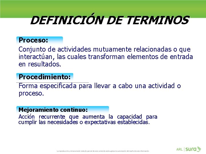 DEFINICIÓN DE TERMINOS Proceso: Conjunto de actividades mutuamente relacionadas o que interactúan, las cuales