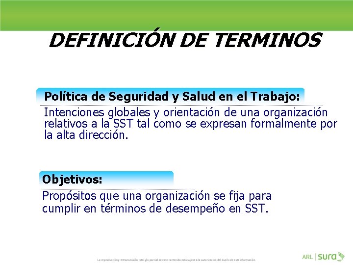 DEFINICIÓN DE TERMINOS Política de Seguridad y Salud en el Trabajo: Intenciones globales y