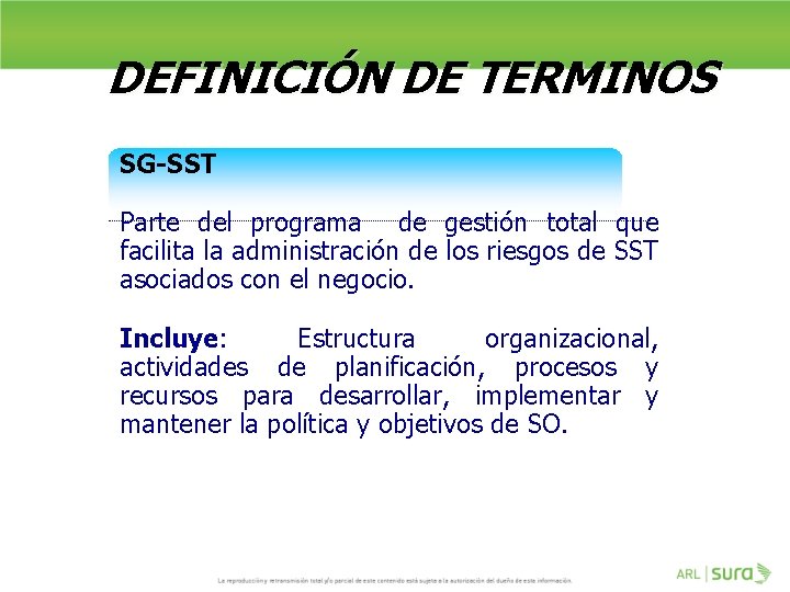 DEFINICIÓN DE TERMINOS SG-SST Parte del programa de gestión total que facilita la administración