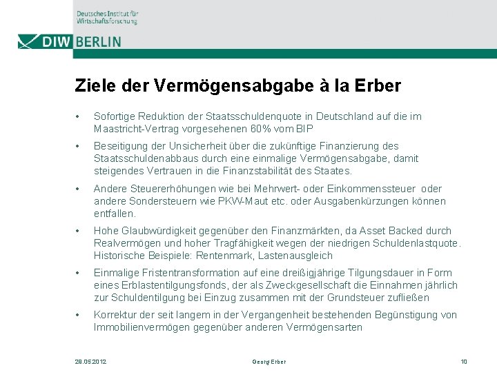 Ziele der Vermögensabgabe à la Erber • Sofortige Reduktion der Staatsschuldenquote in Deutschland auf