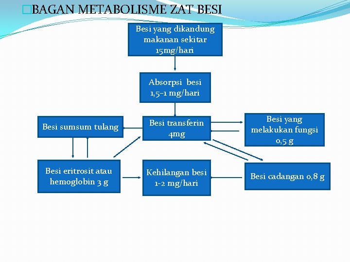 �BAGAN METABOLISME ZAT BESI Besi yang dikandung makanan sekitar 15 mg/hari Absorpsi besi 1,