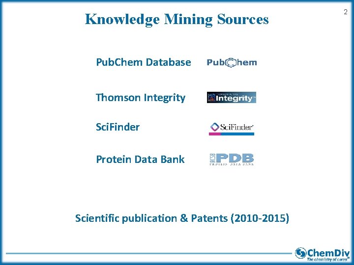 Knowledge Mining Sources Pub. Chem Database Thomson Integrity Sci. Finder Protein Data Bank Scientific