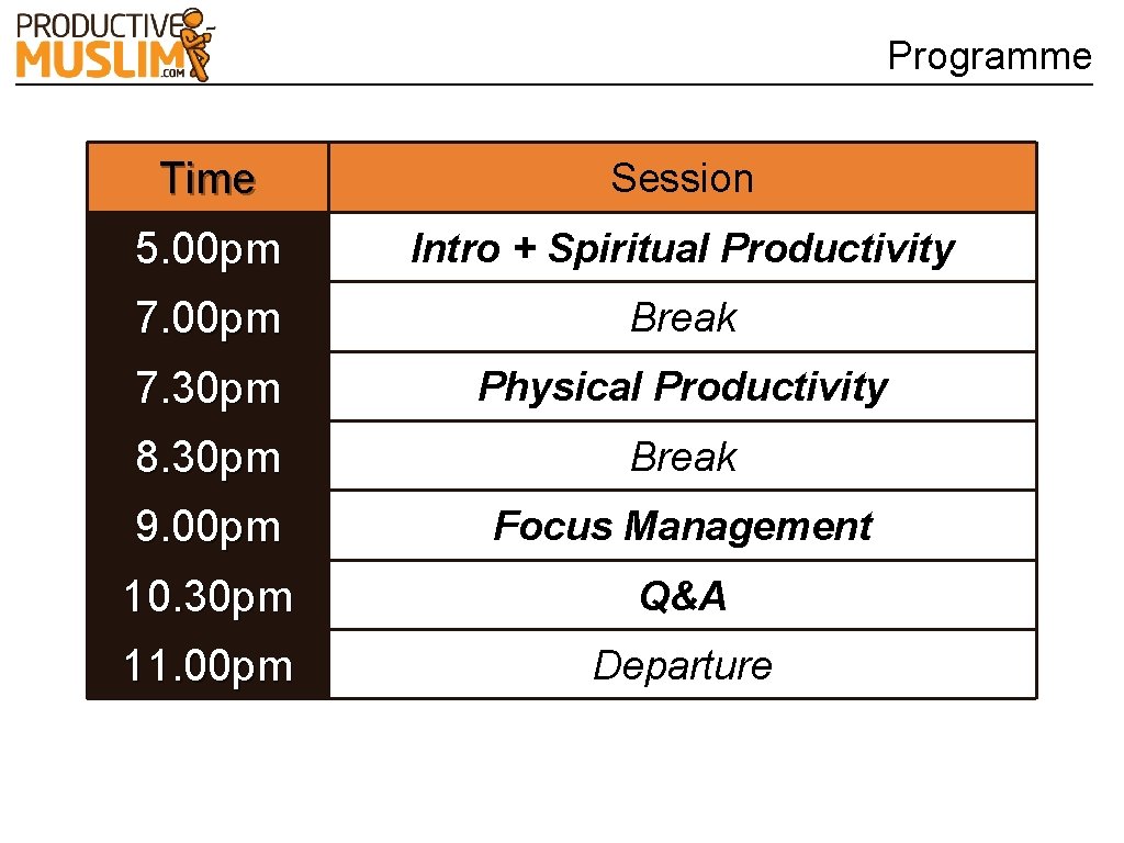 Programme Time Session 5. 00 pm Intro + Spiritual Productivity 7. 00 pm Break