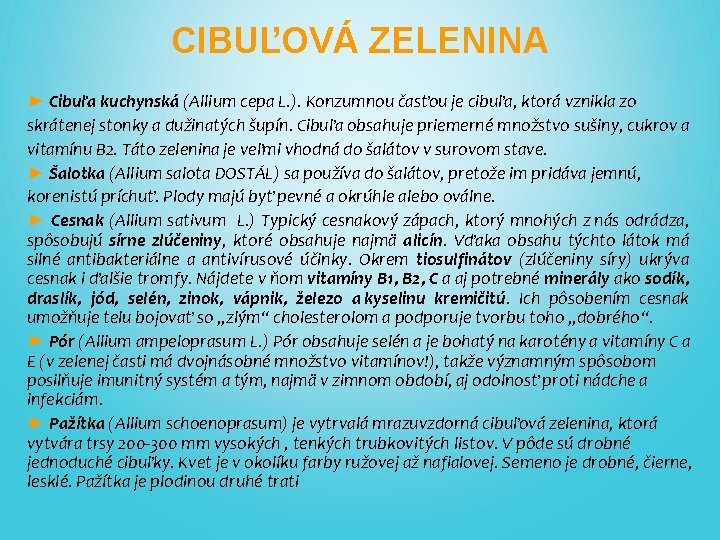 CIBUĽOVÁ ZELENINA ► Cibuľa kuchynská (Allium cepa L. ). Konzumnou časťou je cibuľa, ktorá