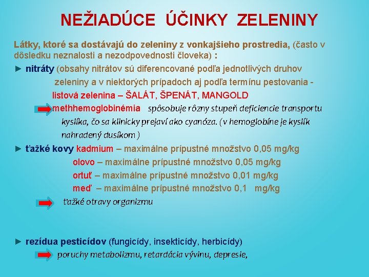 NEŽIADÚCE ÚČINKY ZELENINY Látky, ktoré sa dostávajú do zeleniny z vonkajšieho prostredia, (často v