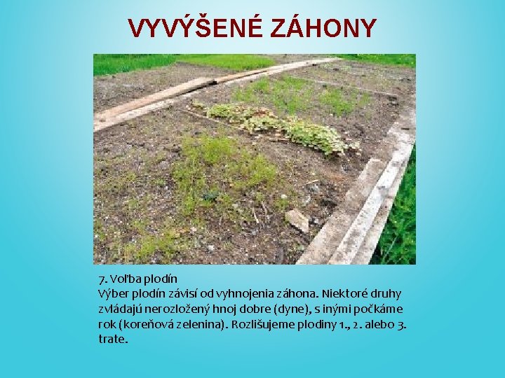 VYVÝŠENÉ ZÁHONY 7. Voľba plodín Výber plodín závisí od vyhnojenia záhona. Niektoré druhy zvládajú