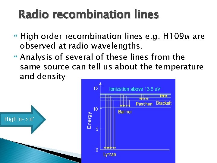 Radio recombination lines High order recombination lines e. g. H 109α are observed at