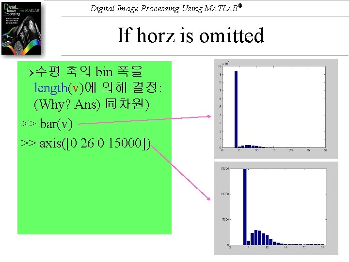 Digital Image Processing Using MATLAB® If horz is omitted 수평 축의 bin 폭을 length(v)에