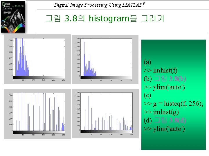 Digital Image Processing Using MATLAB® 그림 3. 8의 histogram들 그리기 (a) >> imhist(f) (b)