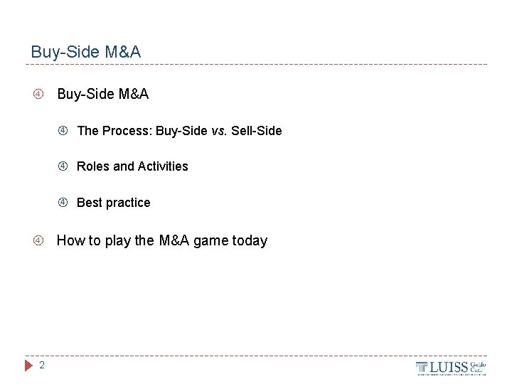 Buy-Side M&A The Process: Buy-Side vs. Sell-Side Roles and Activities Best practice How to