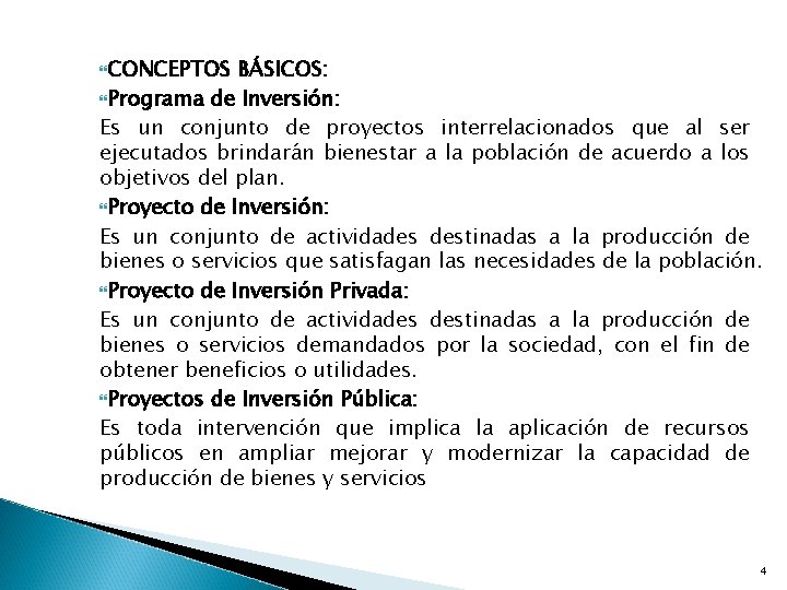  CONCEPTOS BÁSICOS: Programa de Inversión: Es un conjunto de proyectos interrelacionados que al