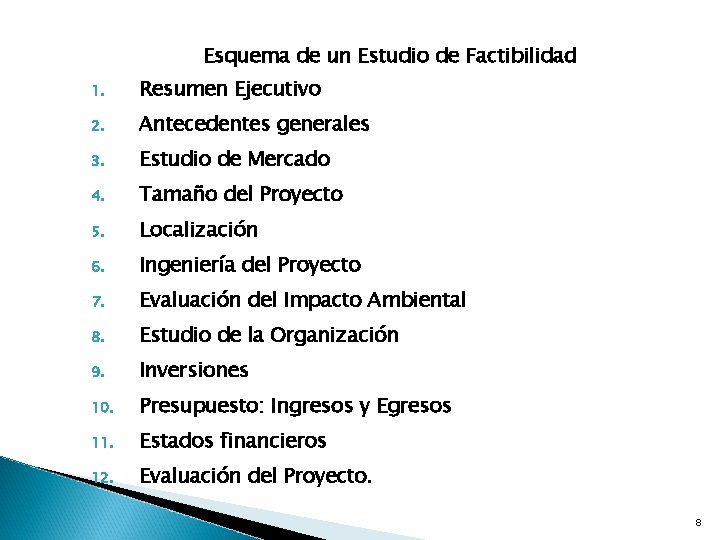 Esquema de un Estudio de Factibilidad 1. Resumen Ejecutivo 2. Antecedentes generales 3. Estudio