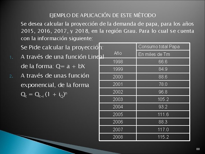 EJEMPLO DE APLICACIÓN DE ESTE MÉTODO Se desea calcular la proyección de la demanda