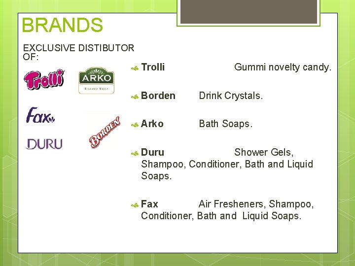 BRANDS EXCLUSIVE DISTIBUTOR OF: Trolli Gummi novelty candy. Borden Drink Crystals. Arko Bath Soaps.