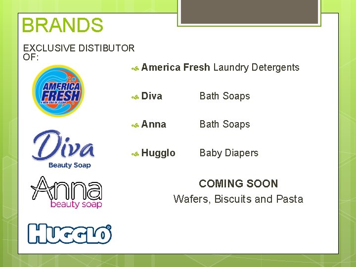 BRANDS EXCLUSIVE DISTIBUTOR OF: America Fresh Laundry Detergents Diva Bath Soaps Anna Bath Soaps