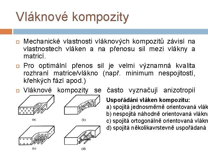 Vláknové kompozity Mechanické vlastnosti vláknových kompozitů závisí na vlastnostech vláken a na přenosu sil