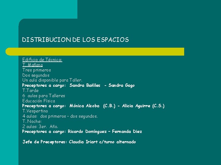 DISTRIBUCION DE LOS ESPACIOS Edificio de Técnica: T. Mañana Tres primeros Dos segundos Un