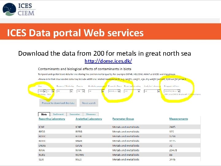 ICES Data portal Web services ICES strategy on data handling/databases Download the data from