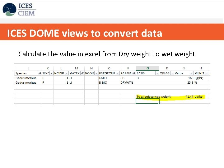 ICES DOME views to convert data ICES strategy on data handling/databases Calculate the value