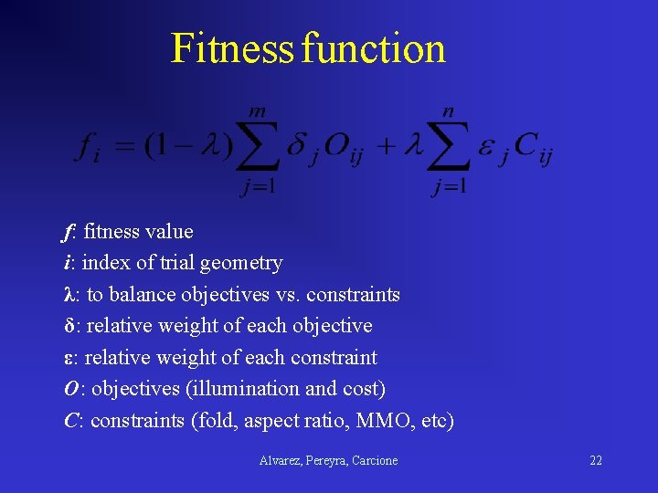 Fitness function f: fitness value i: index of trial geometry λ: to balance objectives