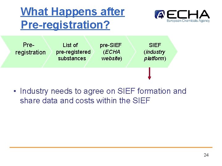 What Happens after Pre-registration? Preregistration List of pre-registered substances pre-SIEF (ECHA website) SIEF (industry