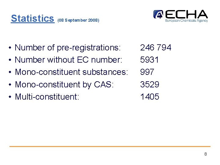 Statistics • • • (08 September 2008) Number of pre-registrations: Number without EC number: