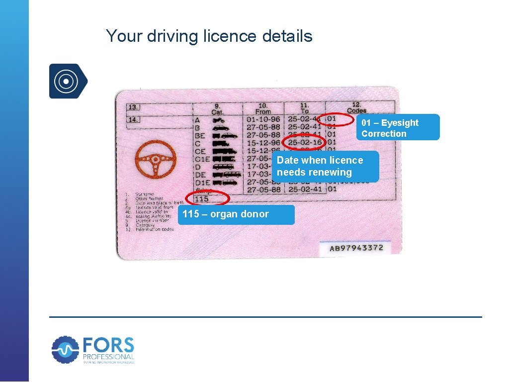 Your driving licence details 01 – Eyesight Correction Date when licence needs renewing 115