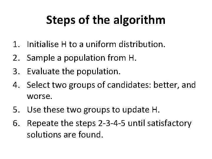 Steps of the algorithm 1. 2. 3. 4. Initialise H to a uniform distribution.