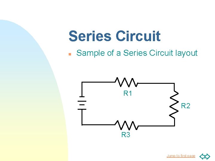 Series Circuit n Sample of a Series Circuit layout R 1 R 2 R