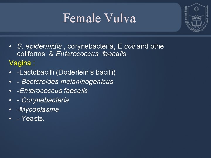 Female Vulva • S. epidermidis , corynebacteria, E. coli and othe coliforms & Enterococcus
