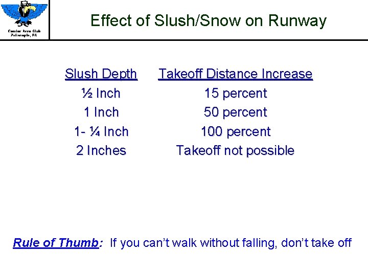 Effect of Slush/Snow on Runway Slush Depth ½ Inch 1 - ¼ Inch 2