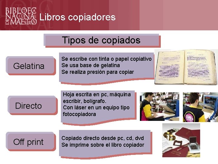 Libros copiadores Tipos de copiados Gelatina Directo Off print Se escribe con tinta o