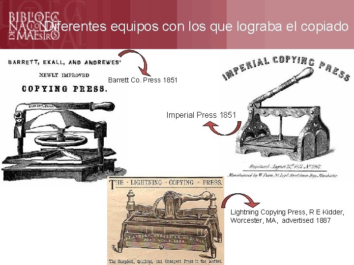 Diferentes equipos con los que lograba el copiado Barrett Co. Press 1851 Imperial Press