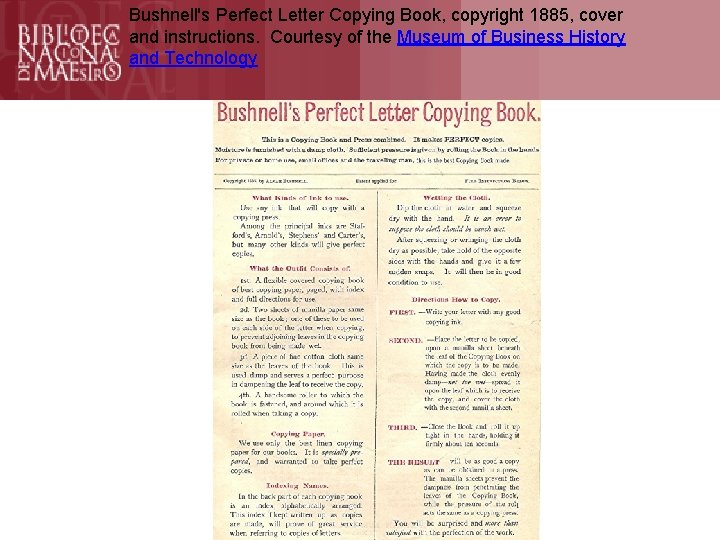 Formación Bushnell's Perfect Letter Copying Book, copyright 1885, cover and instructions. Courtesy of the