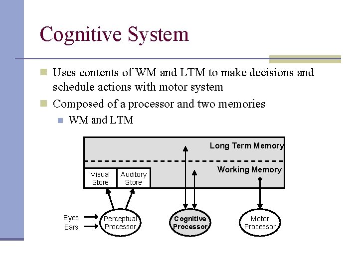 Cognitive System n Uses contents of WM and LTM to make decisions and schedule