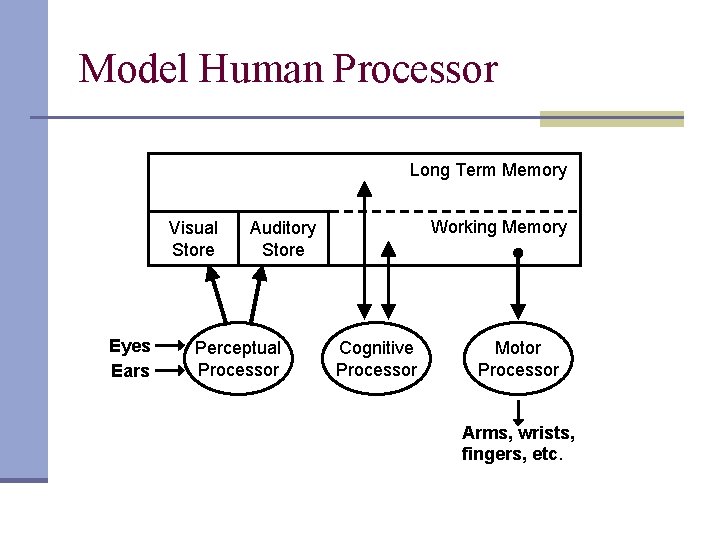 Model Human Processor Long Term Memory Visual Store Eyes Ears Working Memory Auditory Store