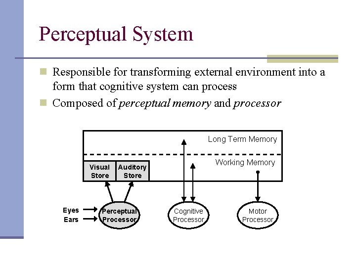 Perceptual System n Responsible for transforming external environment into a form that cognitive system