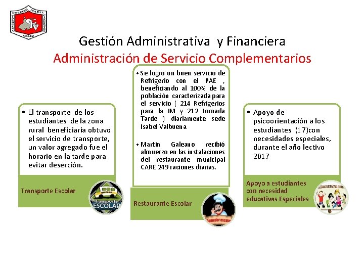 Gestión Administrativa y Financiera Administración de Servicio Complementarios • El transporte de los estudiantes