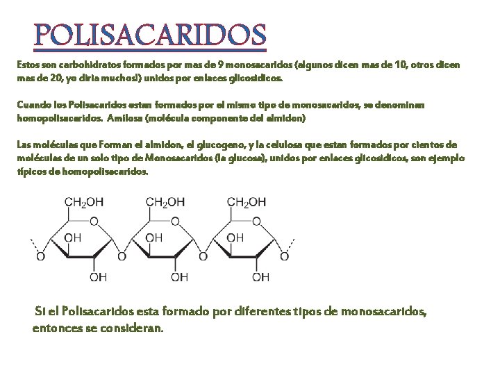 POLISACARIDOS Estos son carbohidratos formados por mas de 9 monosacaridos (algunos dicen mas de