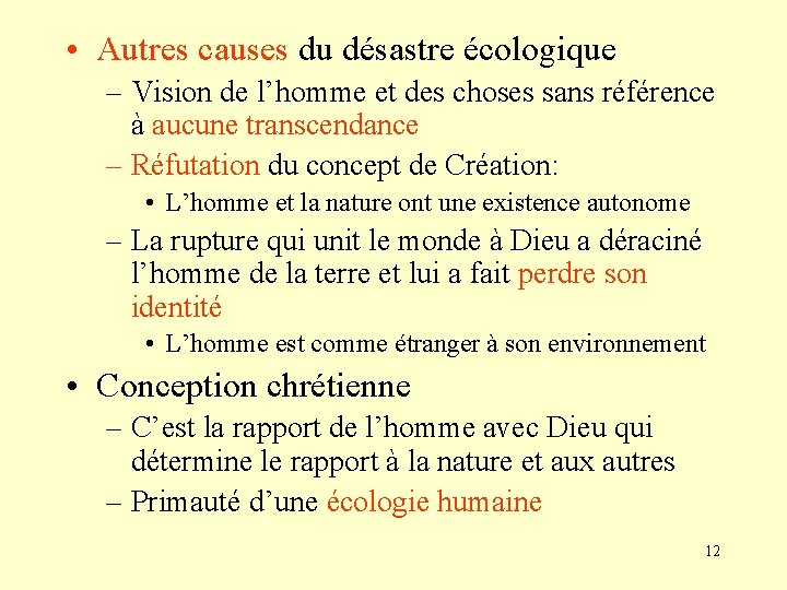  • Autres causes du désastre écologique – Vision de l’homme et des choses