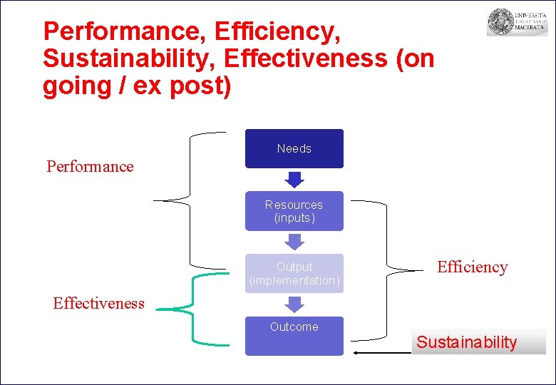 Performance, Efficiency, Sustainability, Effectiveness (on going / ex post) Needs Performance ce Resources (inputs)