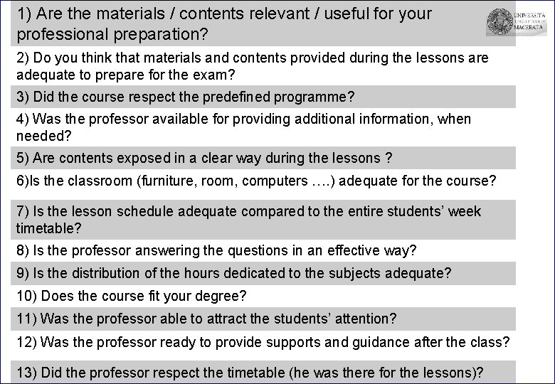 1) Are the materials / contents relevant / useful for your professional preparation? 2)