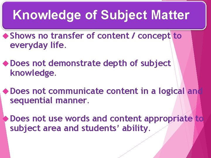 Knowledge of Subject Matter Shows no transfer of content / concept to everyday life.