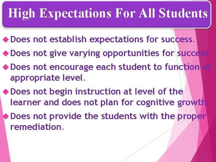 High Expectations For All Students Does not establish expectations for success. Does not give