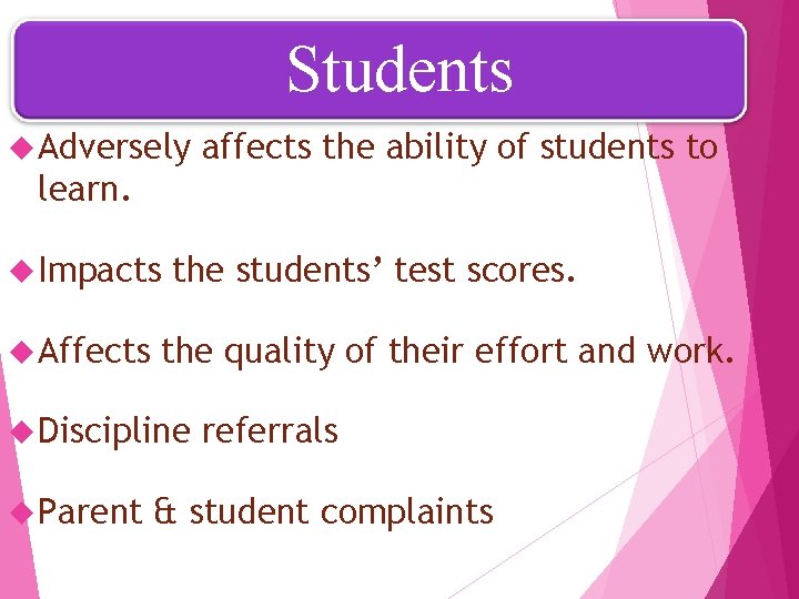 Students Adversely affects the ability of students to learn. Impacts Affects the students’ test