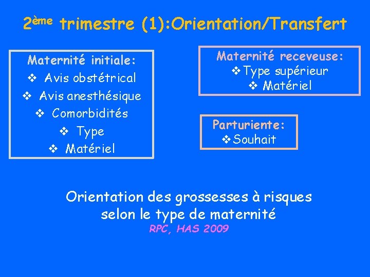 2ème trimestre (1): Orientation/Transfert Maternité initiale: v Avis obstétrical v Avis anesthésique v Comorbidités