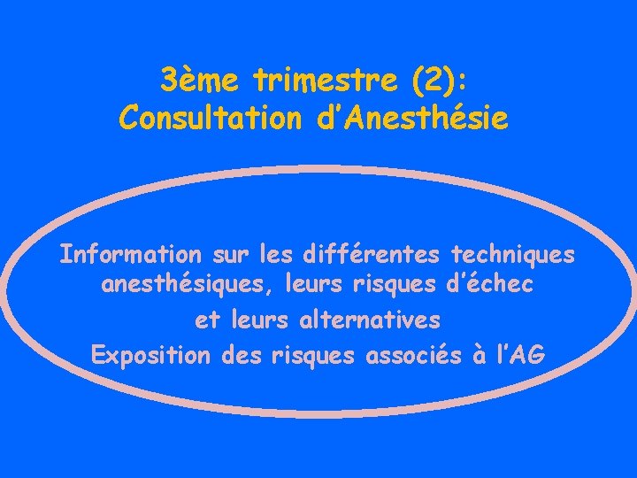 3ème trimestre (2): Consultation d’Anesthésie Information sur les différentes techniques anesthésiques, leurs risques d’échec