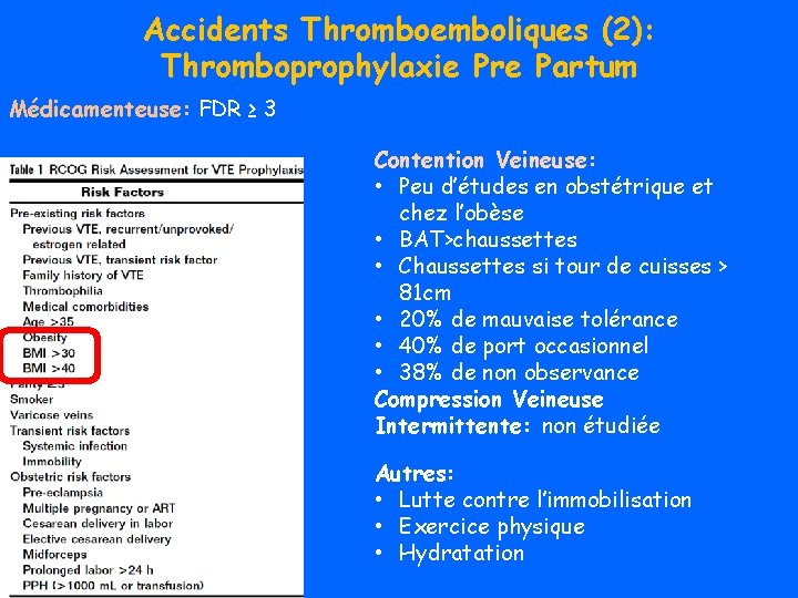 Accidents Thromboemboliques (2): Thromboprophylaxie Pre Partum Médicamenteuse: FDR ≥ 3 Contention Veineuse: • Peu