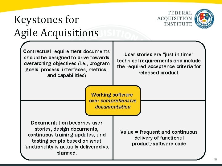 Keystones for Agile Acquisitions Contractual requirement documents should be designed to drive towards overarching