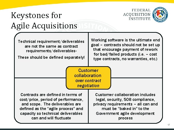Keystones for Agile Acquisitions Technical requirement/deliverables are not the same as contract requirements/deliverables. These